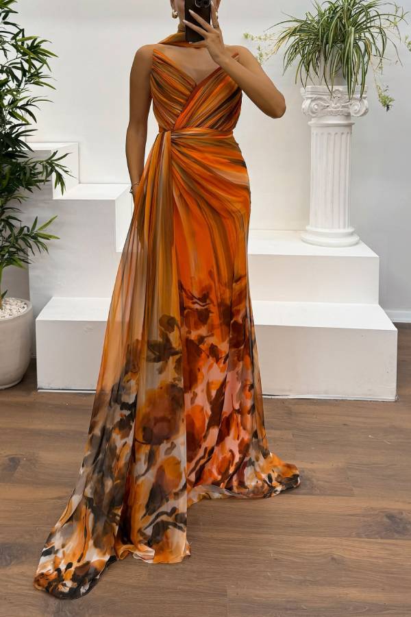 WW | In A Dreamland Chiffon Floral Print Off Shoulder Pleated Scarf Slit Maxi Kleid