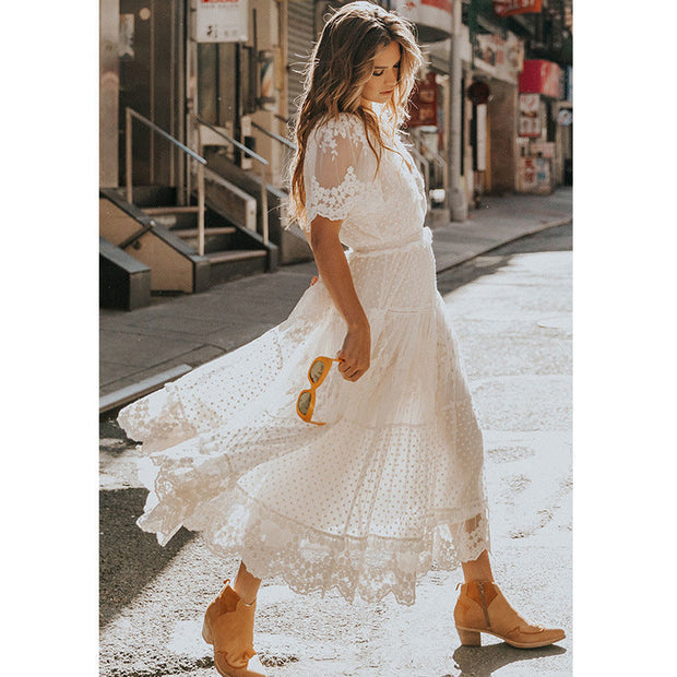 WW | Chiffon Spitze Kurze Ärmel Boho V-Ausschnitt Maxi Kleid