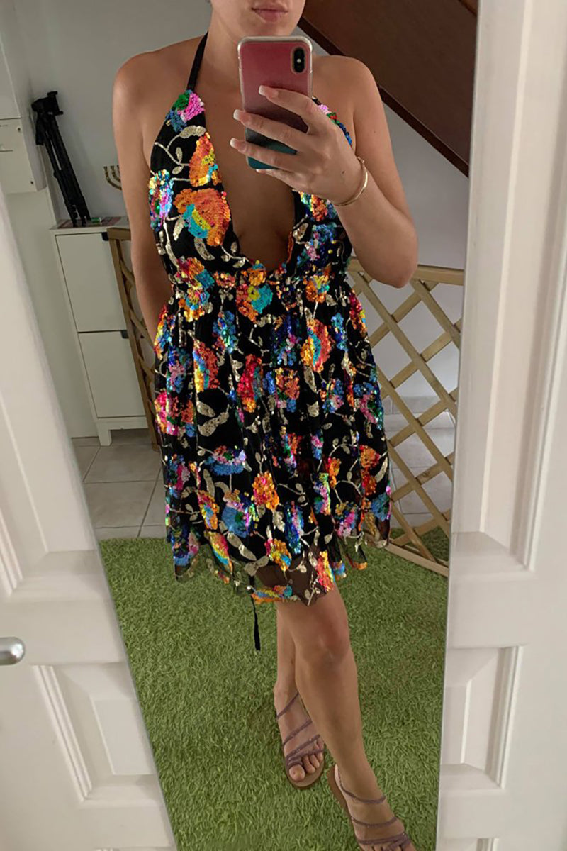 WW | Regenbogen Pailletten Offene Rücken Slip Mini Kleid
