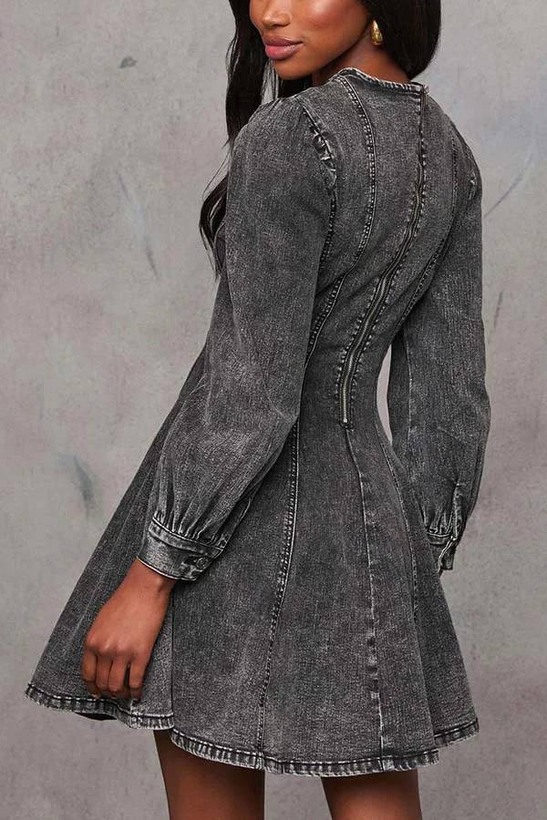 WW | Fade Into You Denim Prinzessinnenlinie Rückenreißverschluss Flare Stretch Mini Kleid