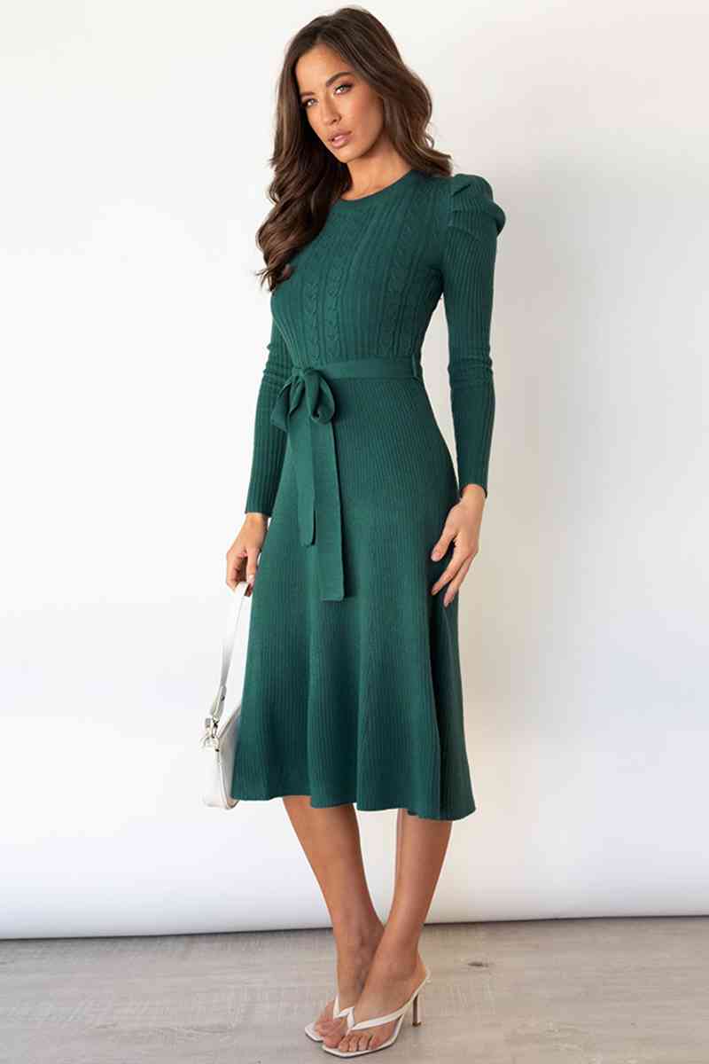 WW | Rundhalsausschnitt Langarm Knoten Taille Pullover Kleid