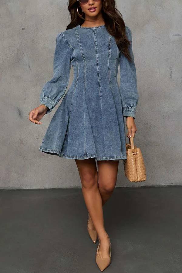 WW | Fade Into You Denim Prinzessinnenlinie Rückenreißverschluss Flare Stretch Mini Kleid
