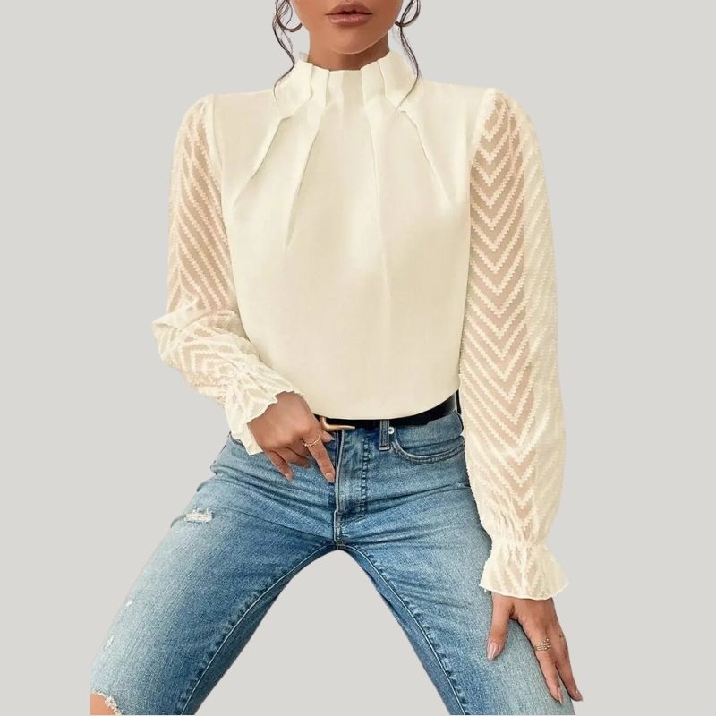 WW | Bluse mit Hohem Kragen und Transparenten Puffärmeln