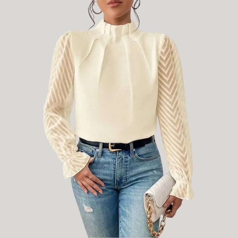 WW | Bluse mit Hohem Kragen und Transparenten Puffärmeln