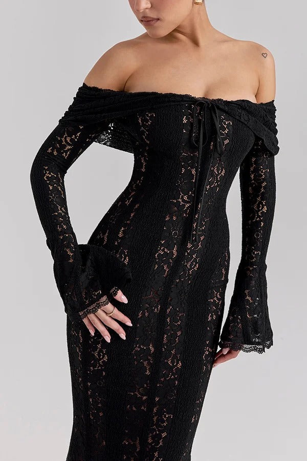 WW | Blumen Spitze Off Shoulder Flare Ärmel Fishtail Maxi Kleider - Weiß