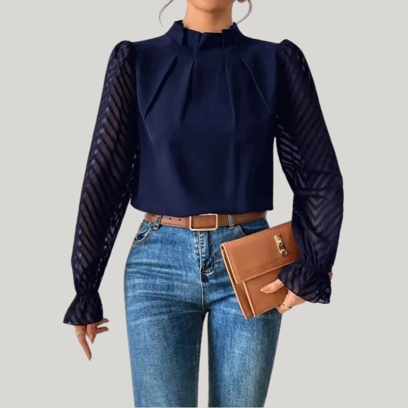 WW | Bluse mit Hohem Kragen und Transparenten Puffärmeln