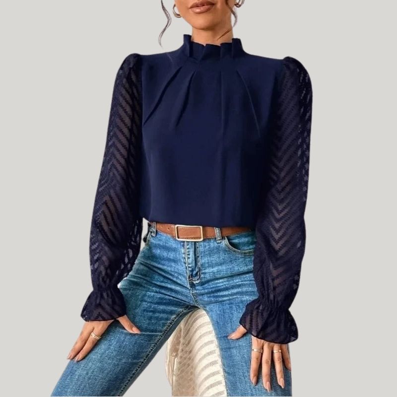 WW | Bluse mit Hohem Kragen und Transparenten Puffärmeln