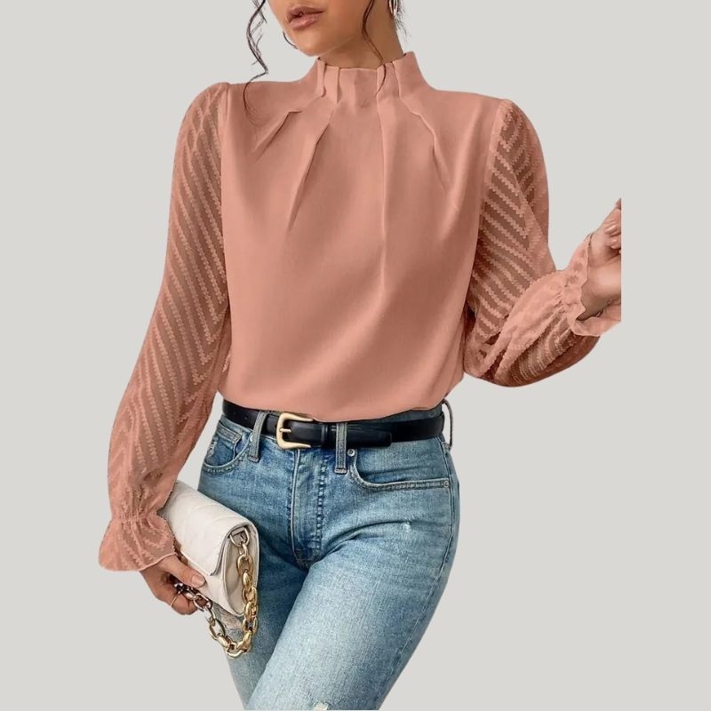 WW | Bluse mit Hohem Kragen und Transparenten Puffärmeln