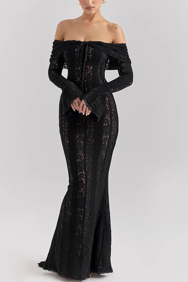 WW | Blumen Spitze Off Shoulder Flare Ärmel Fishtail Maxi Kleider - Weiß