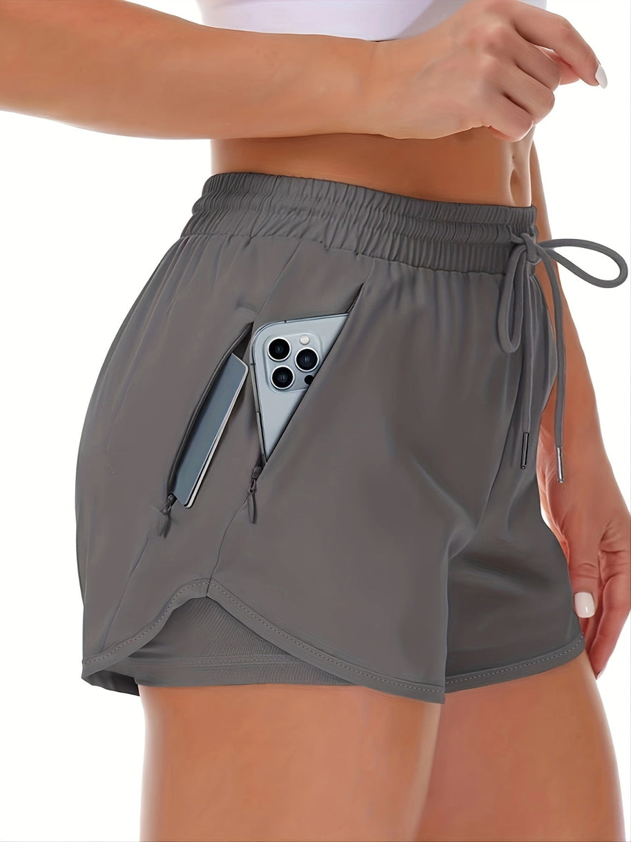 WW | Sportliche 2 in 1 Lauf Fitnessshorts in Einfarbig Mit Mehreren Taschen