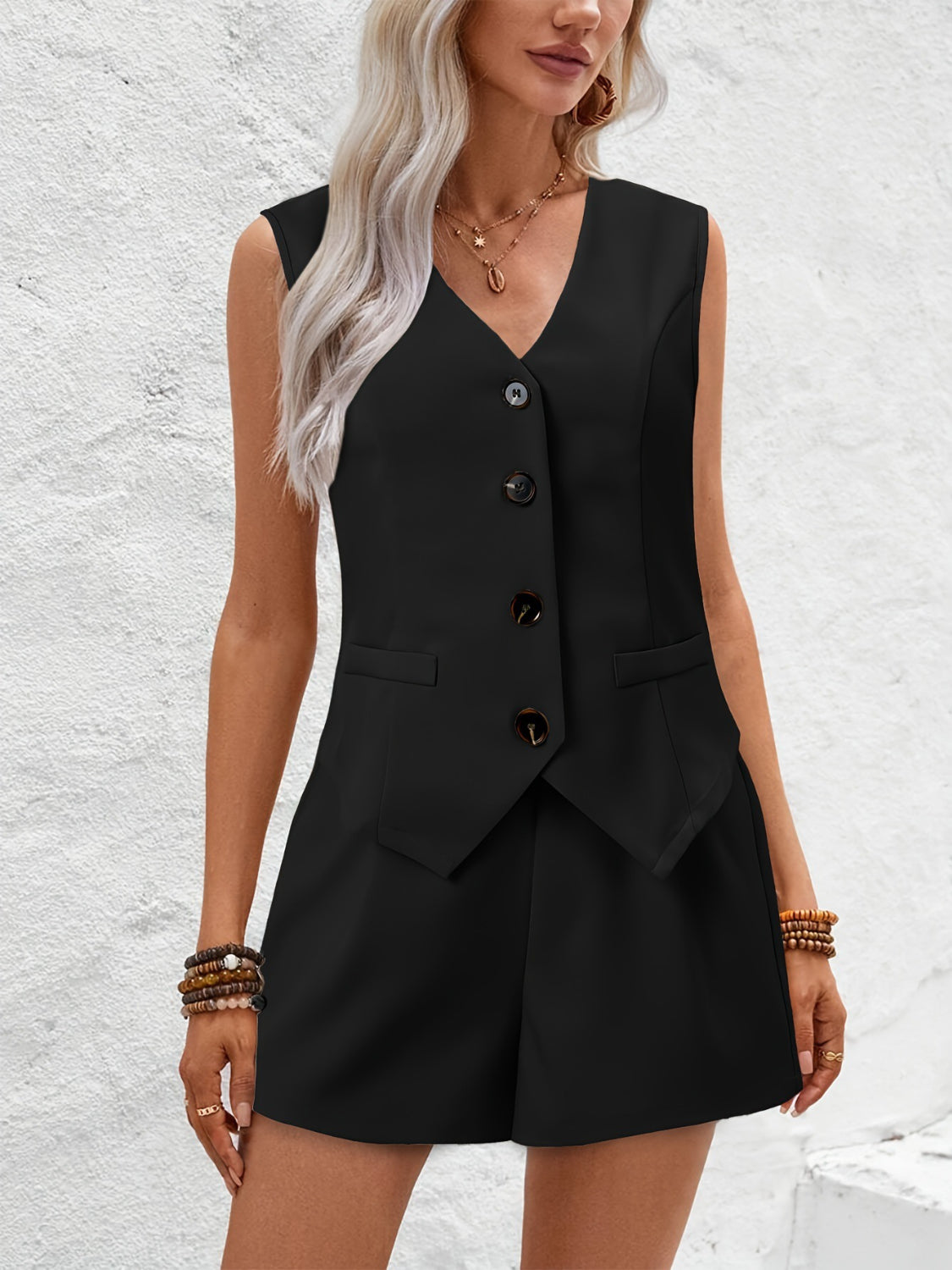 WW | Neck Button Down Weste Und Shorts Satz