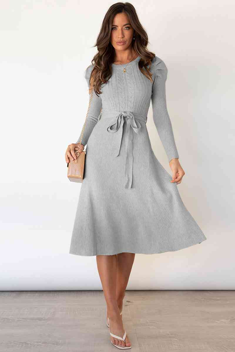 WW | Rundhalsausschnitt Langarm Knoten Taille Pullover Kleid