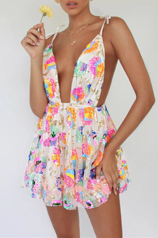 WW | V-Ausschnitt Offene Rücken Pailletten Blumen Binde A-Linie Mini Kleid
