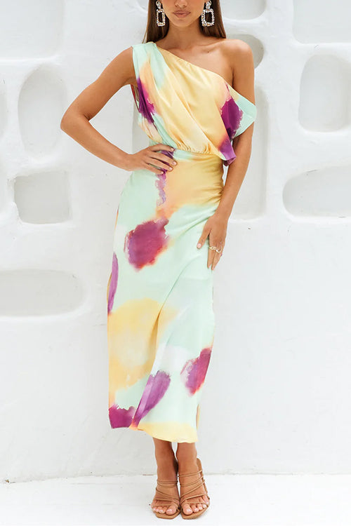 WW | Asymmetrisches Schulter Tailliertes Batik Schlitz Maxikleid
