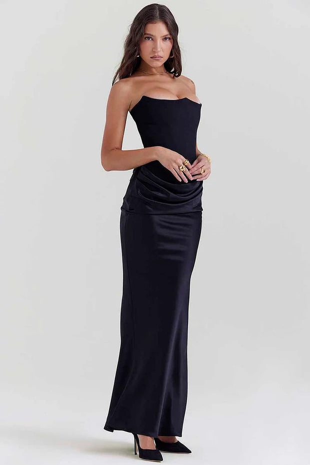 WW | Elegante Bustier-Patchwork Formelle Party Fishtail Maxi Kleider-Schwarz