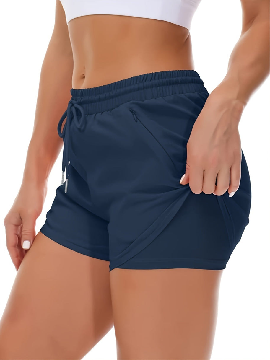 WW | Sportliche 2 in 1 Lauf Fitnessshorts in Einfarbig Mit Mehreren Taschen