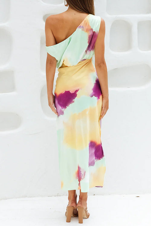 WW | Asymmetrisches Schulter Tailliertes Batik Schlitz Maxikleid