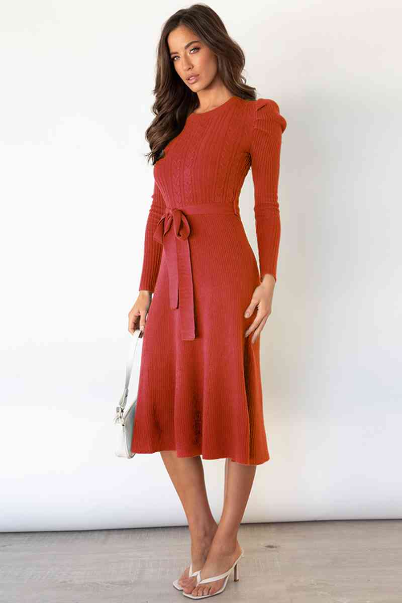 WW | Rundhalsausschnitt Langarm Knoten Taille Pullover Kleid