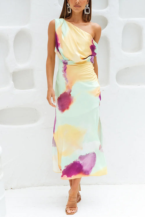 WW | Asymmetrisches Schulter Tailliertes Batik Schlitz Maxikleid