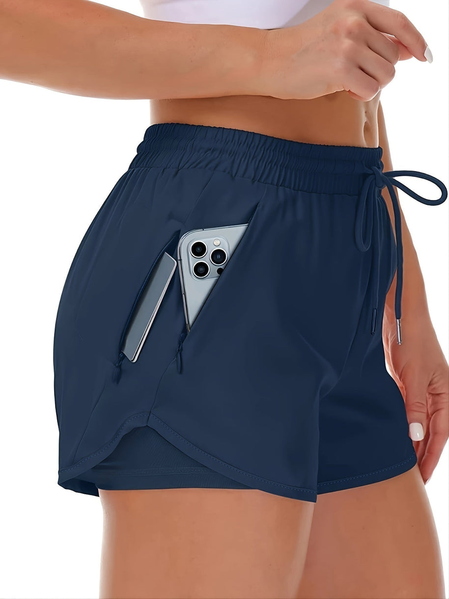 WW | Sportliche 2 in 1 Lauf Fitnessshorts in Einfarbig Mit Mehreren Taschen