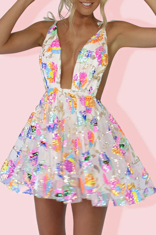 WW | V-Ausschnitt Offene Rücken Pailletten Blumen Binde A-Linie Mini Kleid