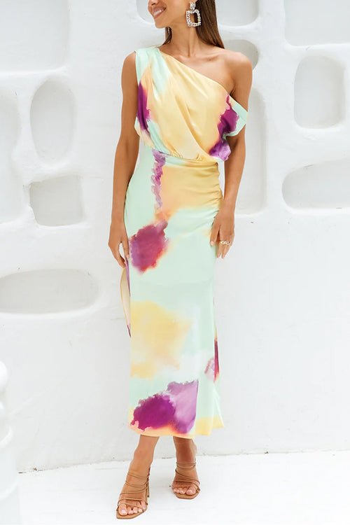 WW | Asymmetrisches Schulter Tailliertes Batik Schlitz Maxikleid