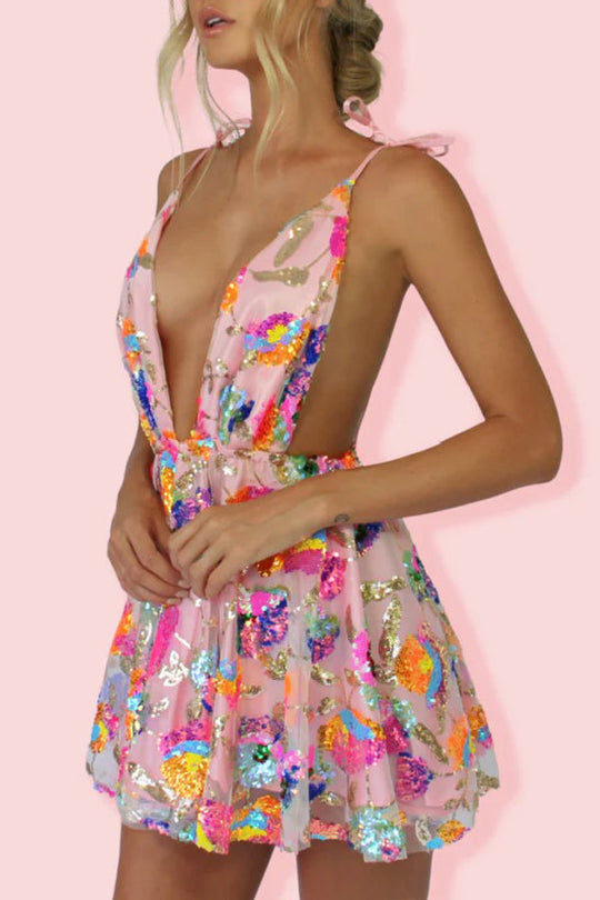 WW | V-Ausschnitt Offene Rücken Pailletten Blumen Binde A-Linie Mini Kleid