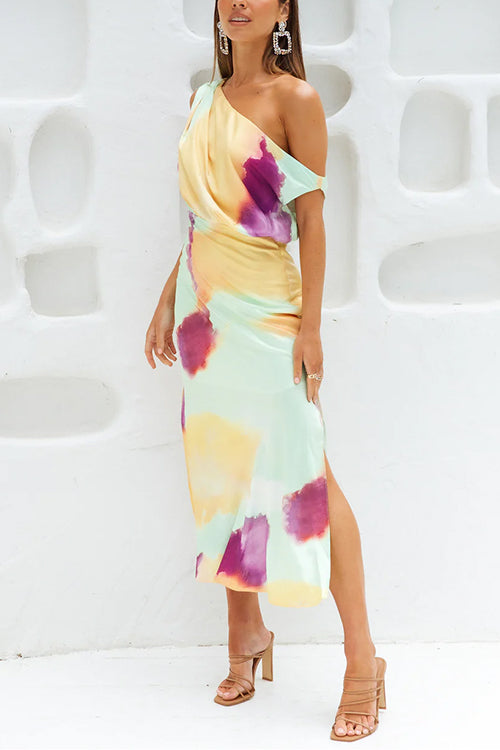 WW | Asymmetrisches Schulter Tailliertes Batik Schlitz Maxikleid