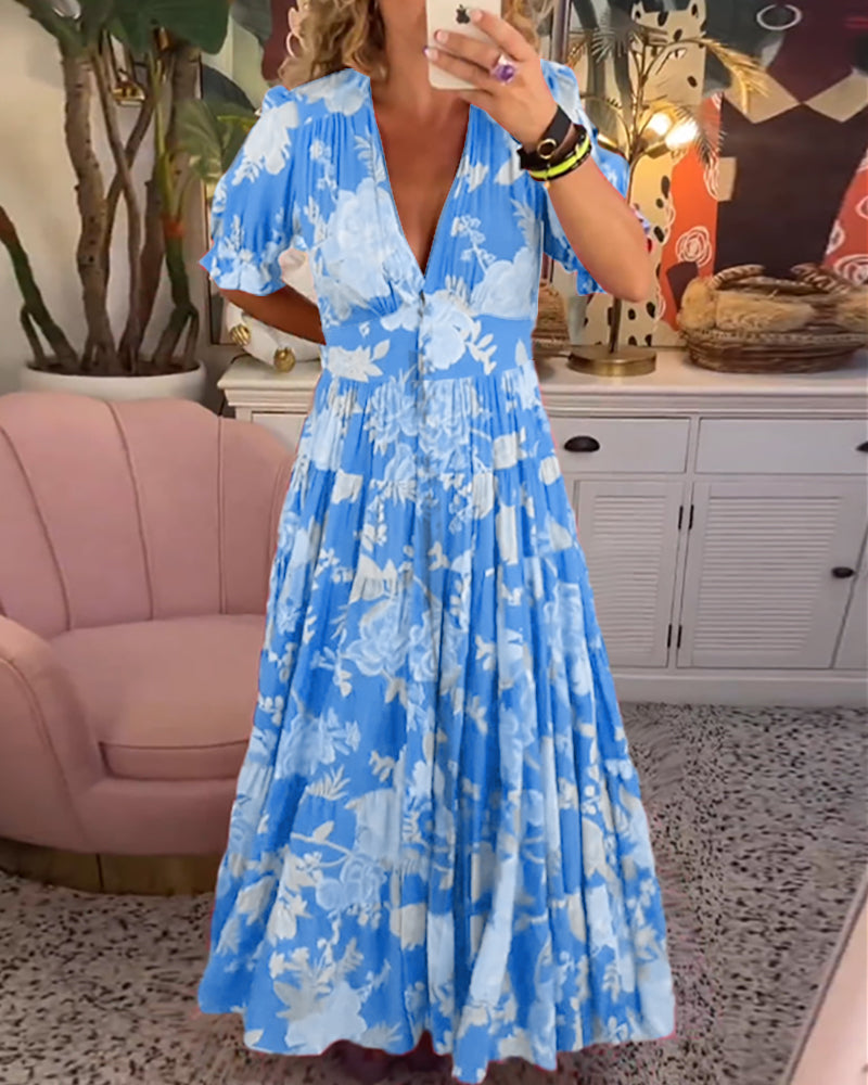 WW Kleid | Trendiges langes Blumenkleid mit V-Ausschnitt und kurzen Ärmeln für Damen