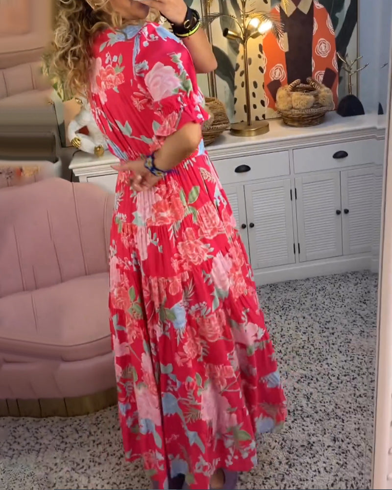 WW Kleid | Trendiges langes Blumenkleid mit V-Ausschnitt und kurzen Ärmeln für Damen
