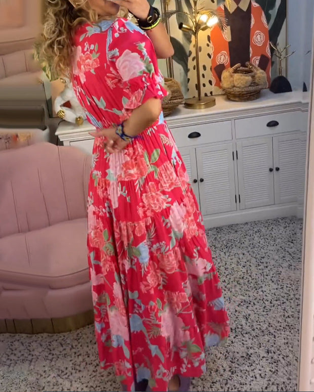 WW Kleid | Trendiges langes Blumenkleid mit V-Ausschnitt und kurzen Ärmeln für Damen