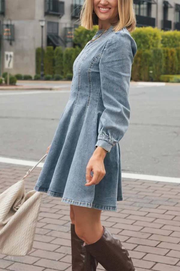 WW | Fade Into You Denim Prinzessinnenlinie Rückenreißverschluss Flare Stretch Mini Kleid