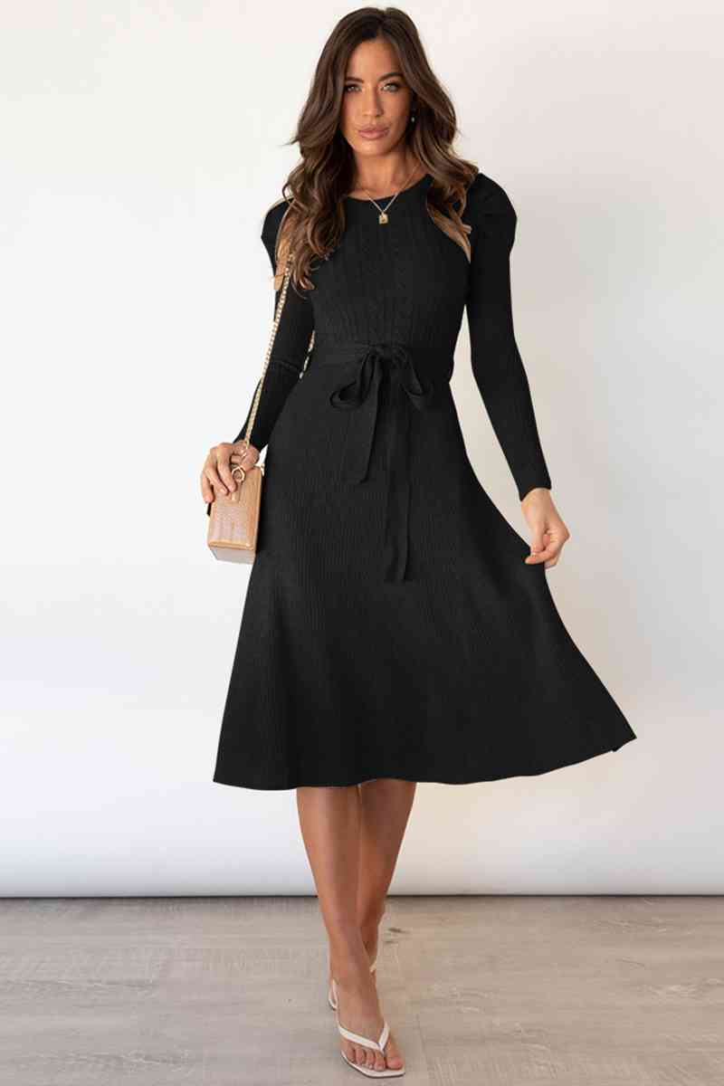 WW | Rundhalsausschnitt Langarm Knoten Taille Pullover Kleid