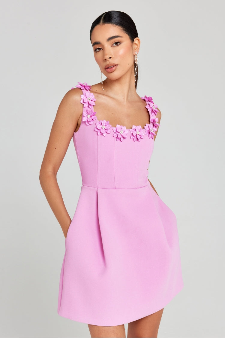 WW | Cindy Kunstperle Blumen Applikation Quadrat Ausschnitt Taschen Mini Kleid