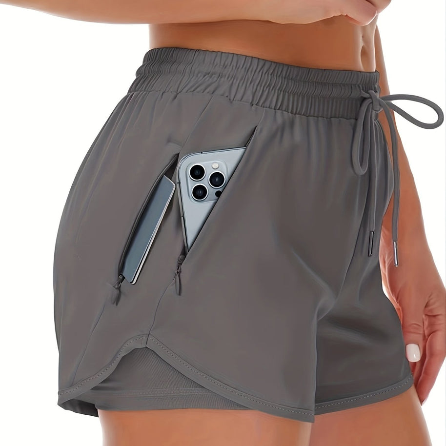 WW | Sportliche 2 in 1 Lauf Fitnessshorts in Einfarbig Mit Mehreren Taschen