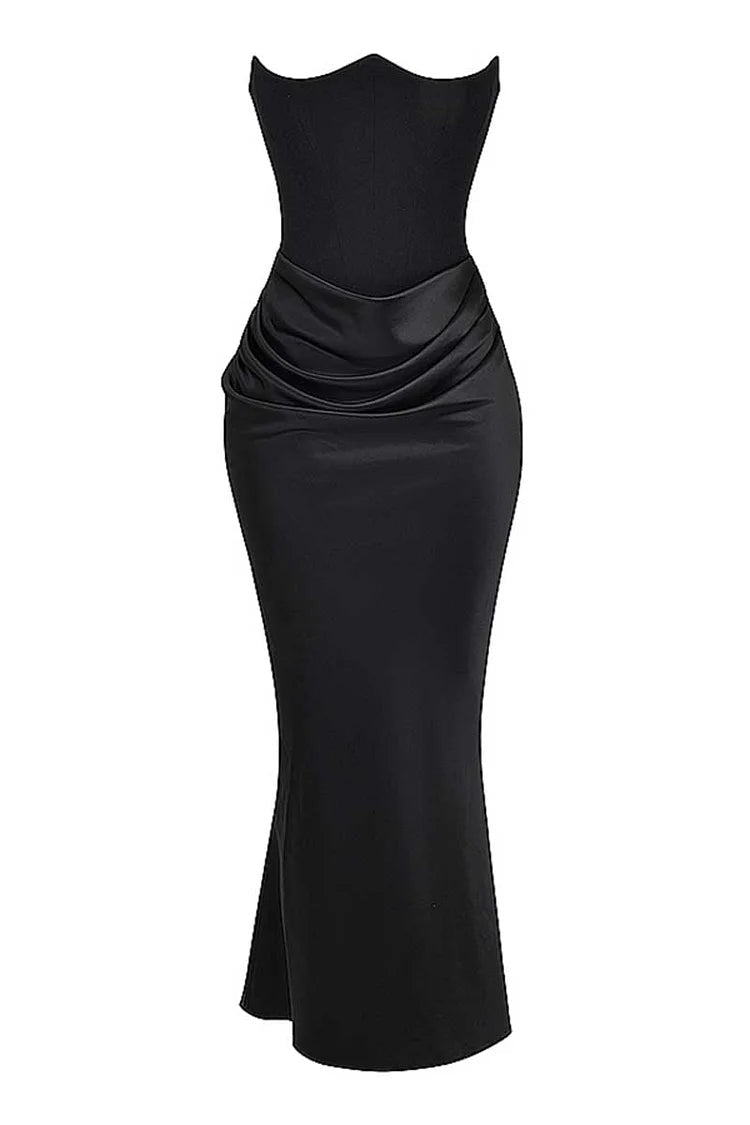 WW | Elegante Bustier-Patchwork Formelle Party Fishtail Maxi Kleider-Schwarz