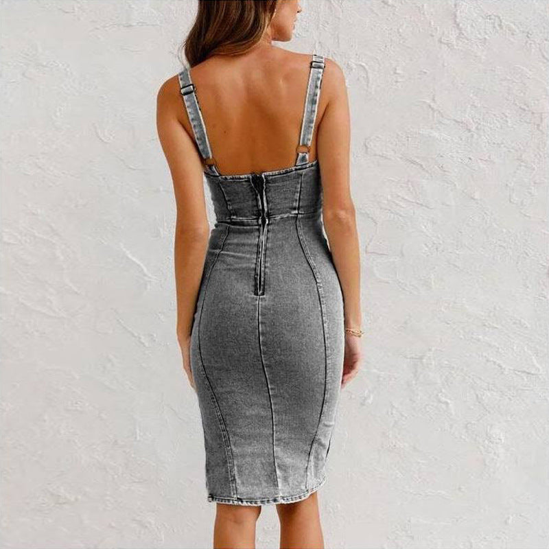 WW Träger-Jeanskleid mit U-Ausschnitt - Sommerliches, lässiges, eng anliegendes Slim-Fit-Kleid mit Schlitzdesign