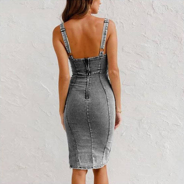 WW Träger-Jeanskleid mit U-Ausschnitt - Sommerliches, lässiges, eng anliegendes Slim-Fit-Kleid mit Schlitzdesign