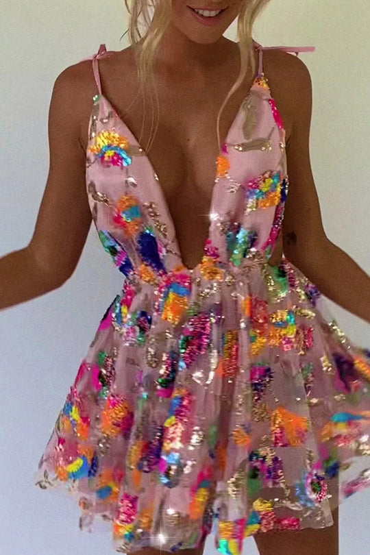 WW | V-Ausschnitt Offene Rücken Pailletten Blumen Binde A-Linie Mini Kleid