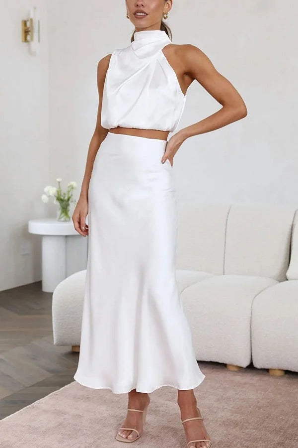WW | Solch Eine Stimmung Hochgeschlossene Satin Drapiert Maxirock Set