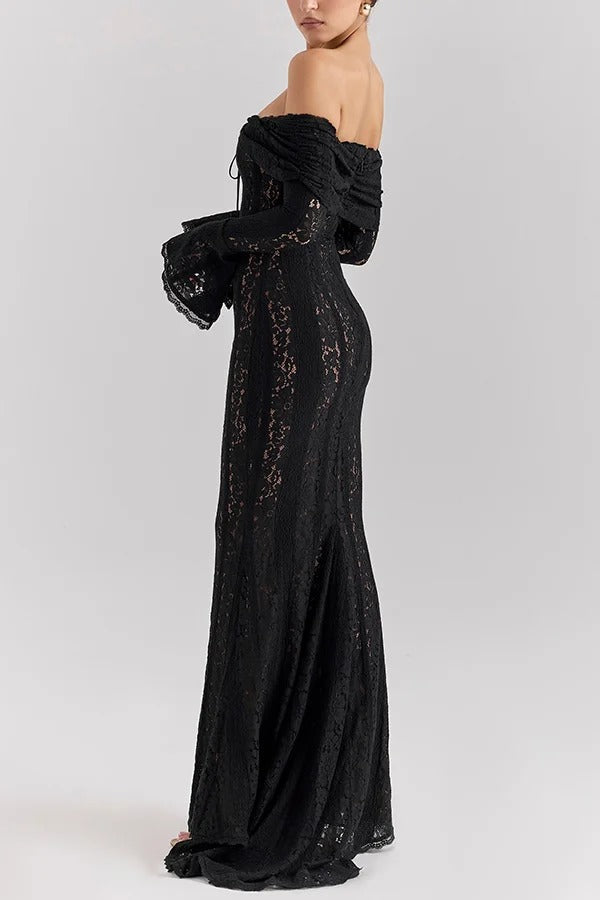 WW | Blumen Spitze Off Shoulder Flare Ärmel Fishtail Maxi Kleider - Weiß