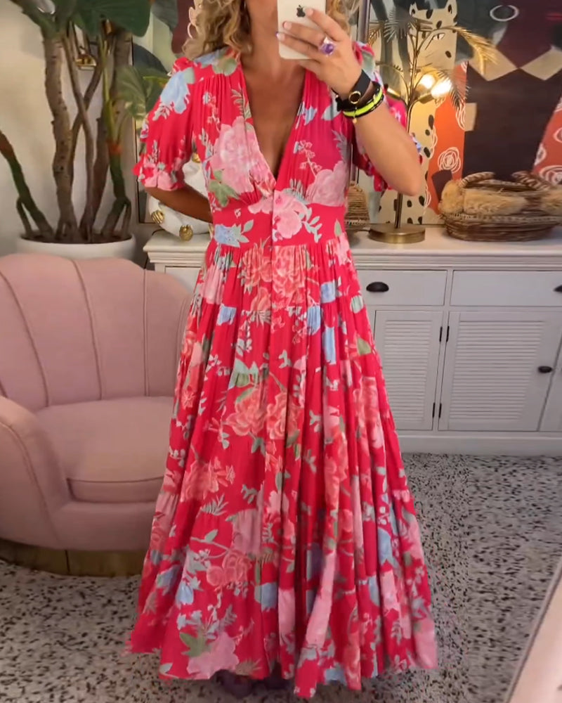 WW Kleid | Trendiges langes Blumenkleid mit V-Ausschnitt und kurzen Ärmeln für Damen