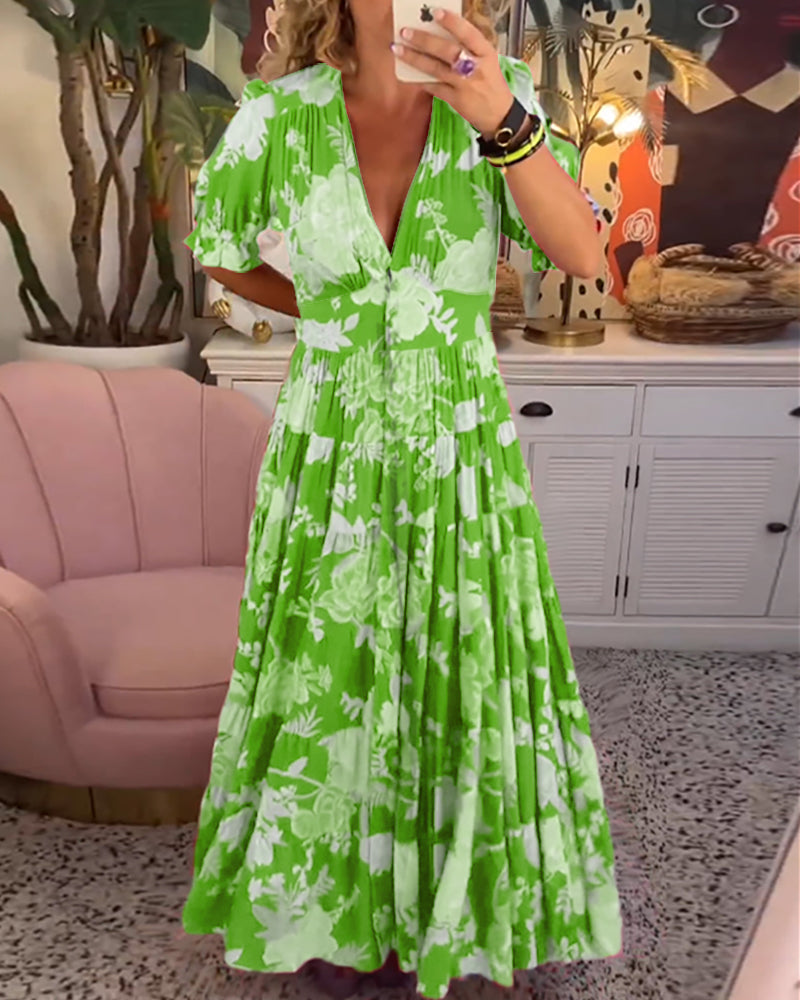 WW Kleid | Trendiges langes Blumenkleid mit V-Ausschnitt und kurzen Ärmeln für Damen