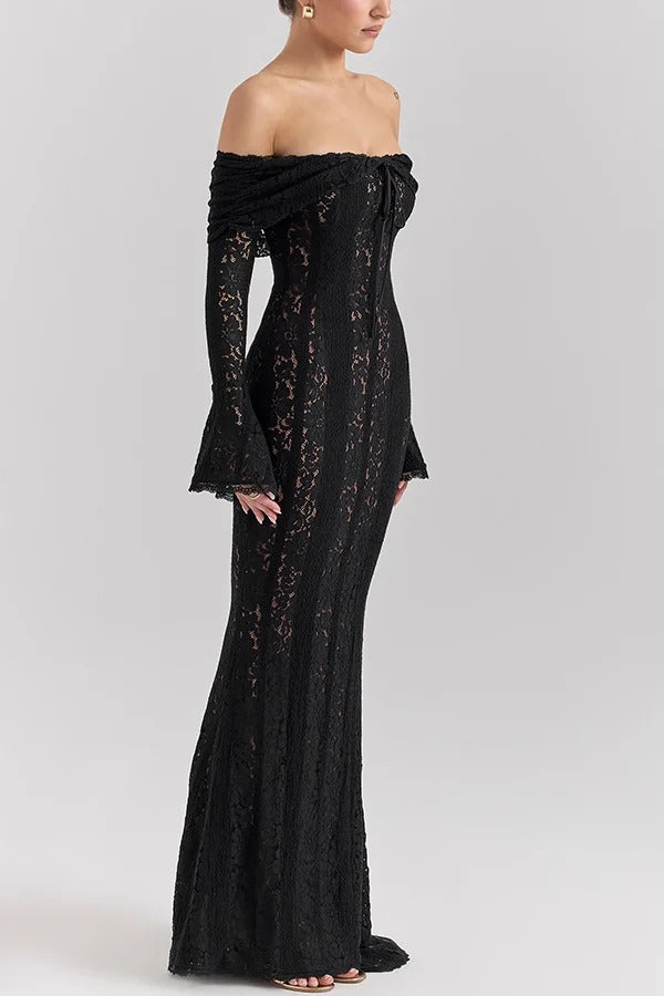 WW | Blumen Spitze Off Shoulder Flare Ärmel Fishtail Maxi Kleider - Weiß