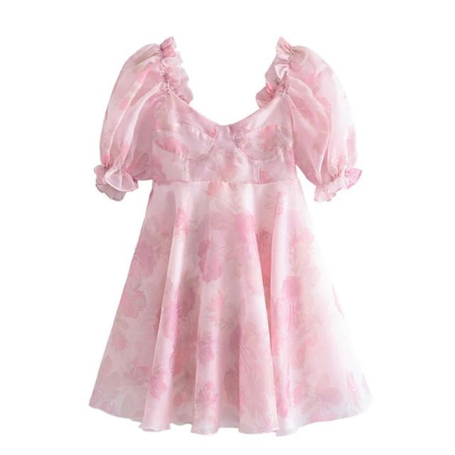 WW | Organza-Kleid mit Blumenmuster und Puffärmeln sowie Herzausschnitt