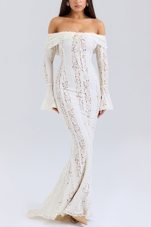 WW | Blumen Spitze Off Shoulder Flare Ärmel Fishtail Maxi Kleider - Weiß