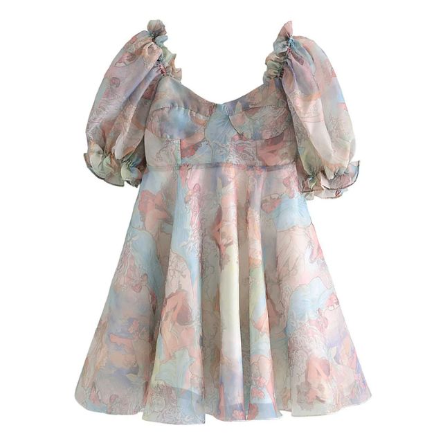 WW | Organza-Kleid mit Blumenmuster und Puffärmeln sowie Herzausschnitt
