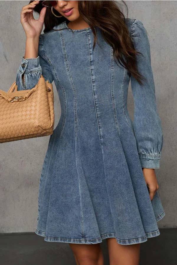WW | Fade Into You Denim Prinzessinnenlinie Rückenreißverschluss Flare Stretch Mini Kleid