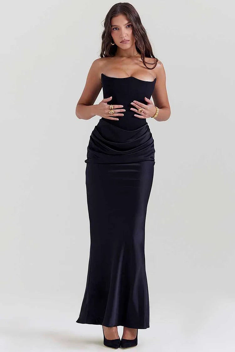 WW | Elegante Bustier-Patchwork Formelle Party Fishtail Maxi Kleider-Schwarz