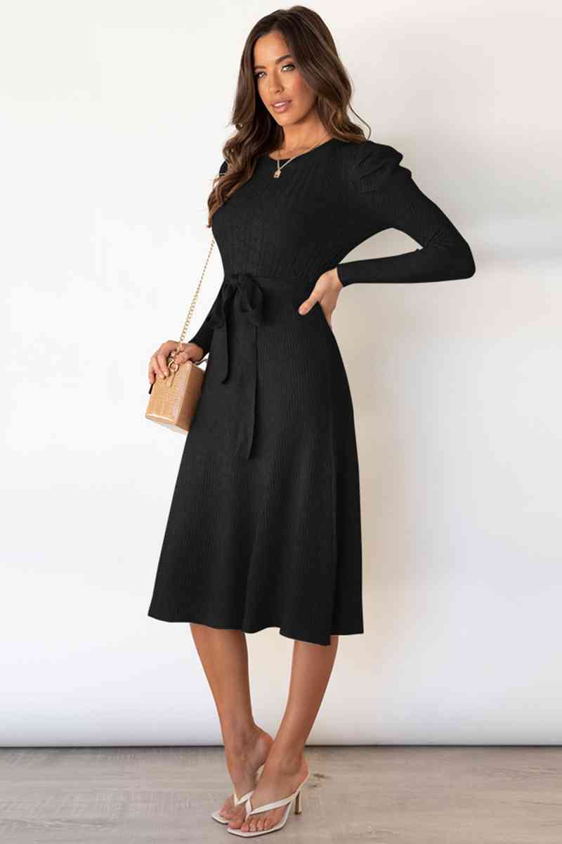 WW | Rundhalsausschnitt Langarm Knoten Taille Pullover Kleid